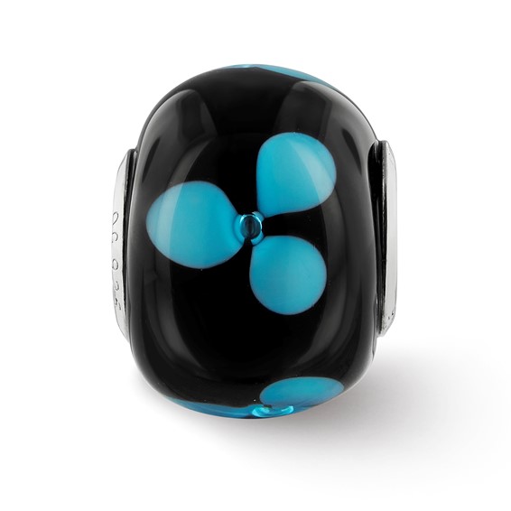 Sterling Silver Reflections Rhodium-plated Blue Floral Black Glass Bead