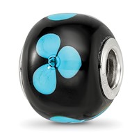 Sterling Silver Reflections Rhodium-plated Blue Floral Black Glass Bead view 1