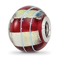 Sterling Silver Reflections Rhodium-plated Foil Striped Red Glass Bead view 1