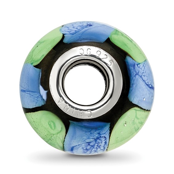 Sterling Silver Reflections Rh-plated Blue and Green Dot Black Glass Bead