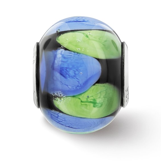 Sterling Silver Reflections Rh-plated Blue and Green Dot Black Glass Bead