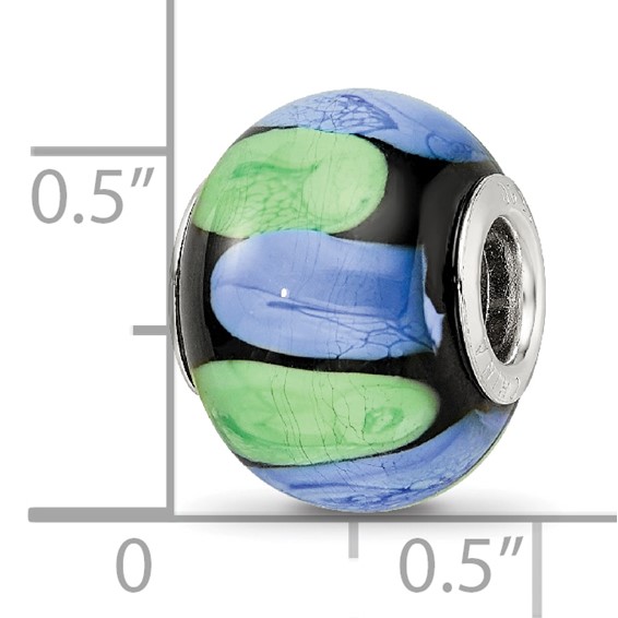 Sterling Silver Reflections Rh-plated Blue and Green Dot Black Glass Bead