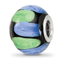Sterling Silver Reflections Rh-plated Blue and Green Dot Black Glass Bead view 1