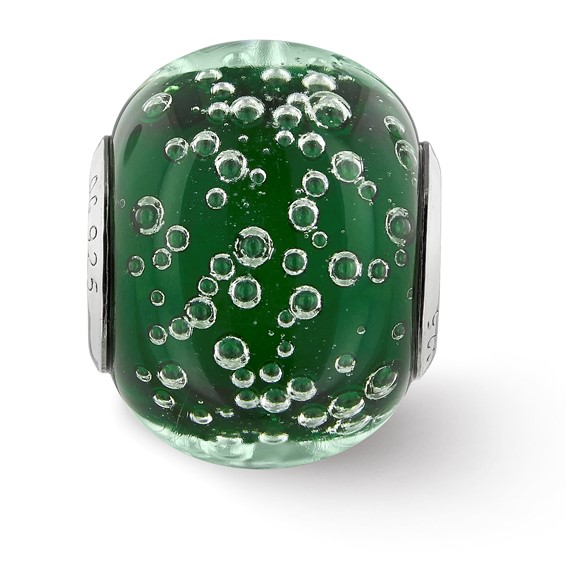 Sterling Silver Reflections Rh-plated Bubbles Green Glass Bead