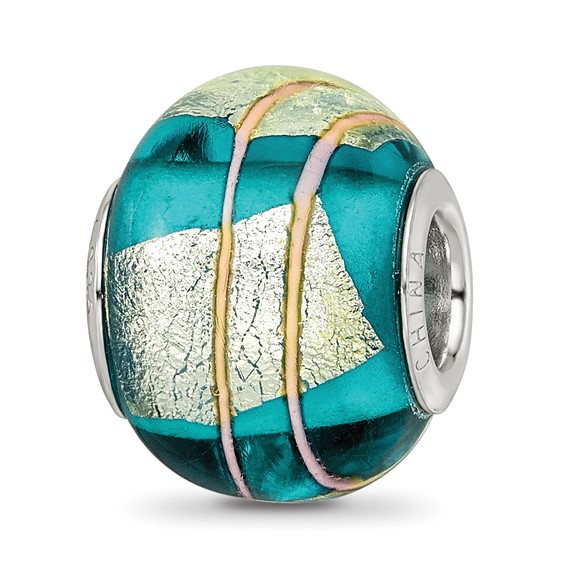 Sterling Silver Reflections Rh-plated Foil Pink Striped Blue Glass Bead