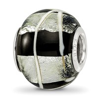 Sterling Silver Reflections Rh-plated Foil White Striped Black Glass Bead view 1