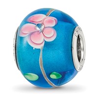 Sterling Silver Reflections Rh-plated CZ Blue & Pink Floral Blue Glass Bead view 1