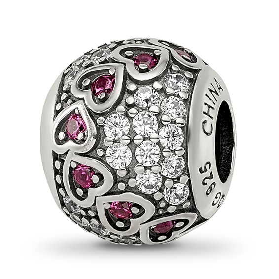 Sterling Silver Reflections Antiqued CZ & Red Corundum Hearts Bead