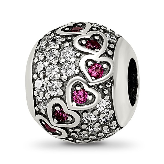 Sterling Silver Reflections Antiqued CZ & Red Corundum Hearts Bead