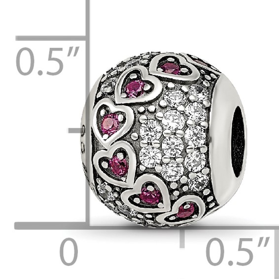 Sterling Silver Reflections Antiqued CZ & Red Corundum Hearts Bead