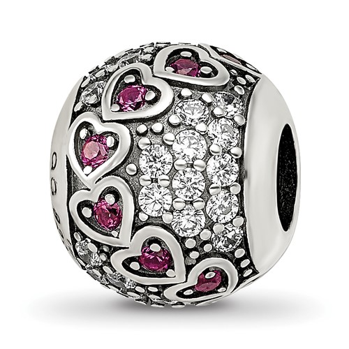 Sterling Silver Reflections Antiqued CZ & Red Corundum Hearts Bead