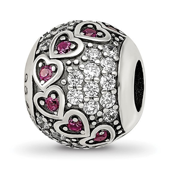 Sterling Silver Reflections Antiqued CZ & Red Corundum Hearts Bead