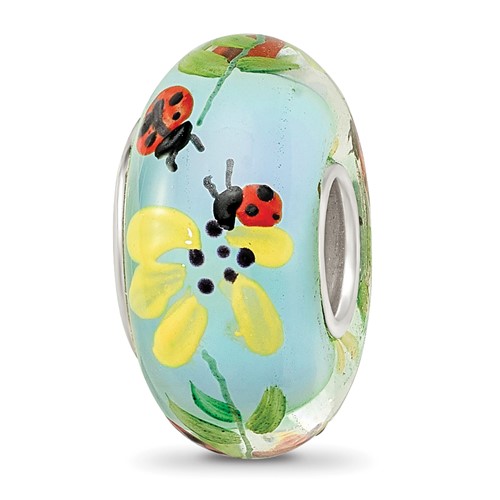 Ster.Silver Reflections Hand Painted Lady Bug Love Fenton Glass Bead