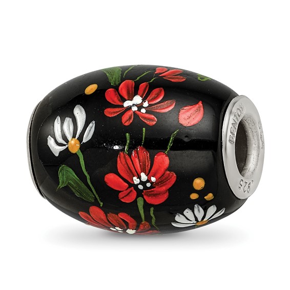 Ster.Silver Reflections Hand Paint Ebony Bouquet Large Fenton Glass Bead