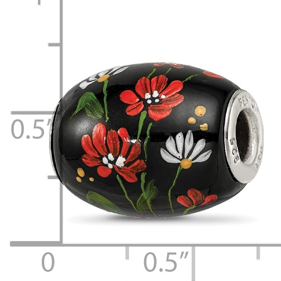 Ster.Silver Reflections Hand Paint Ebony Bouquet Large Fenton Glass Bead