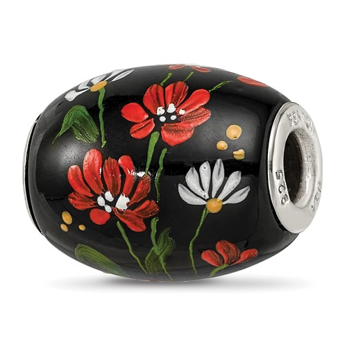 Ster.Silver Reflections Hand Paint Ebony Bouquet Large Fenton Glass Bead