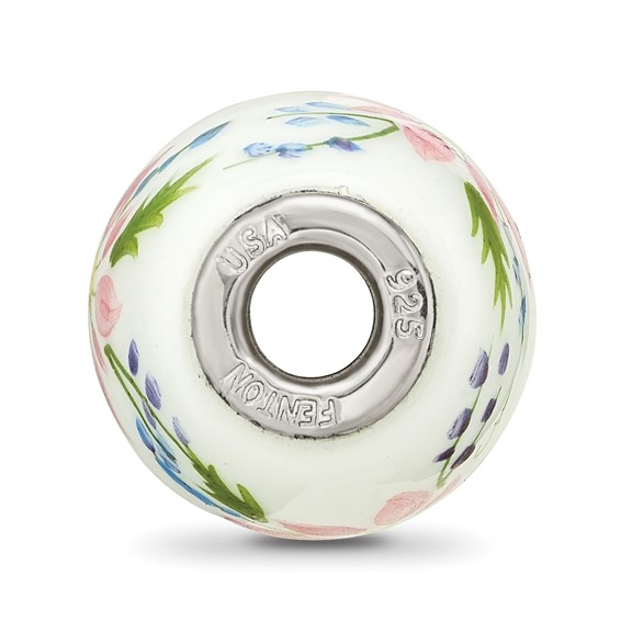 Ster.Silver Reflections Hand Paint Berries & Blossoms Fenton Glass Bead