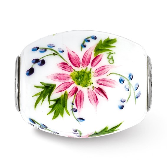 Ster.Silver Reflections Hand Paint Berries & Blossoms Fenton Glass Bead