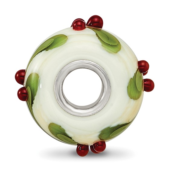 Ster.Silver Reflections Hand Paint Magical Holly-Days Fenton Glass Bead
