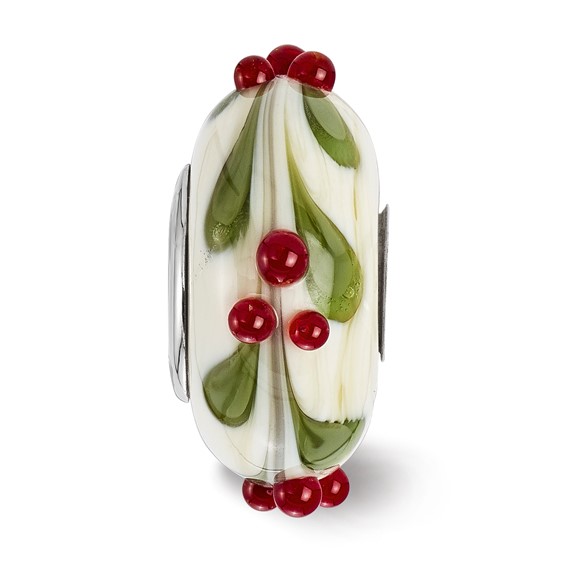 Ster.Silver Reflections Hand Paint Magical Holly-Days Fenton Glass Bead