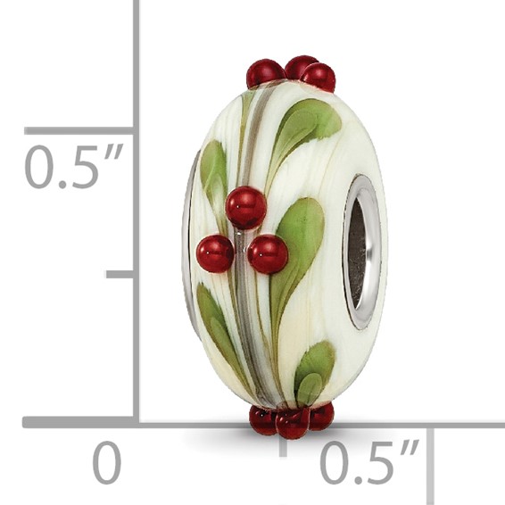 Ster.Silver Reflections Hand Paint Magical Holly-Days Fenton Glass Bead