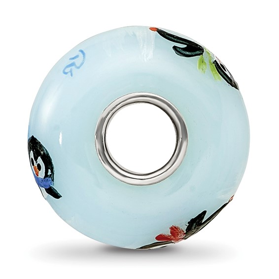 Ster.Silver Reflections Hand Painted Penguin Frolic Fenton Glass Bead