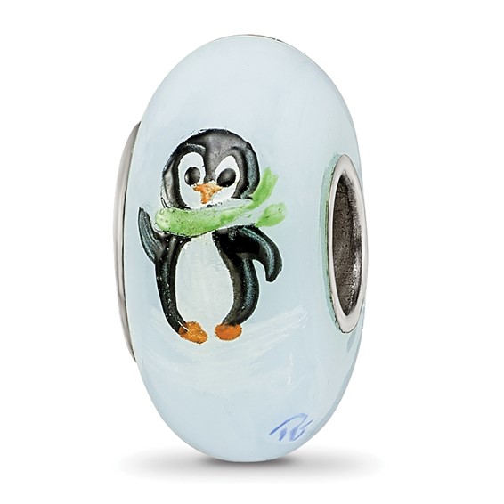 Ster.Silver Reflections Hand Painted Penguin Frolic Fenton Glass Bead