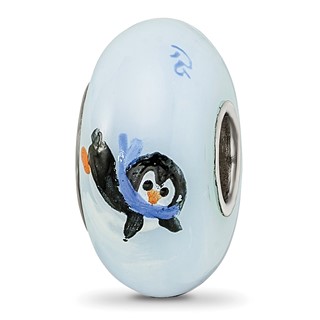 Ster.Silver Reflections Hand Painted Penguin Frolic Fenton Glass Bead