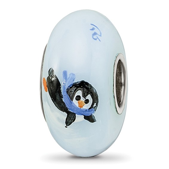 Ster.Silver Reflections Hand Painted Penguin Frolic Fenton Glass Bead
