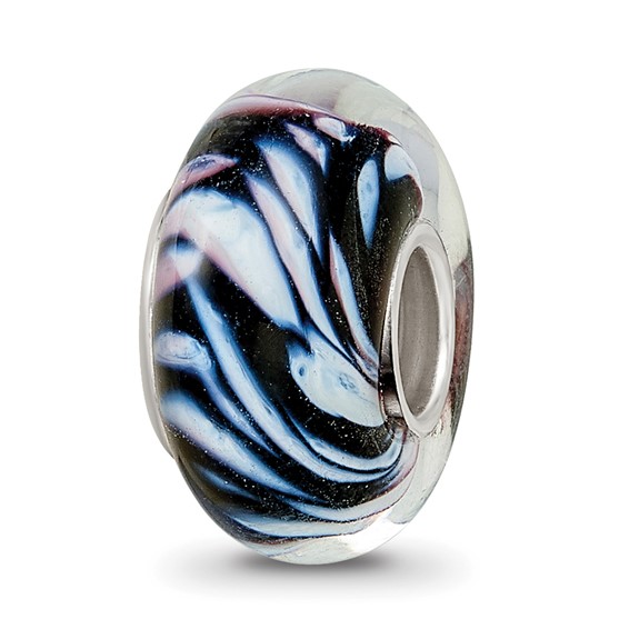 Ster.Silver Reflections Hand Painted Swirling Snow Fenton Glass Bead