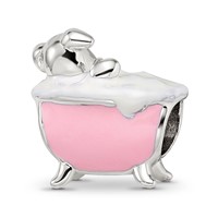 Sterling Silver Reflections Rh-plated Pink Enamel & CZ Pig in Bathtub Bead view 5