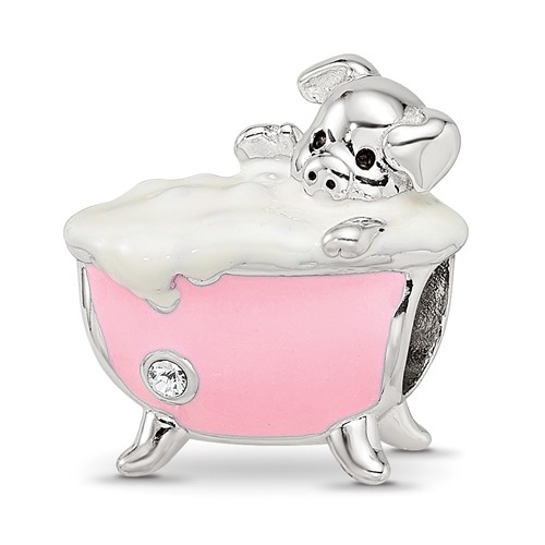 Sterling Silver Reflections Rh-plated Pink Enamel & CZ Pig in Bathtub Bead