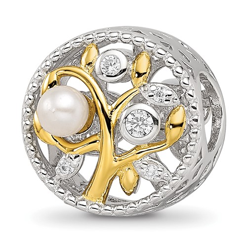 Sterling Silver Reflections Rh-plate Gold-tone Fwc Pearl & CZ Tree Bead