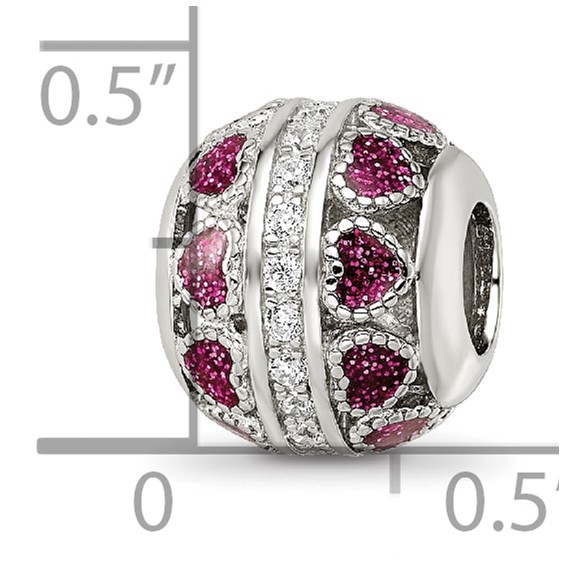 Sterling Silver Reflections Rh-plated Pink Enamel Hearts & CZ Circle Bead