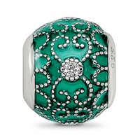 Sterling Silver Reflections Rh-plated CZs Green Enameled Bead view 4