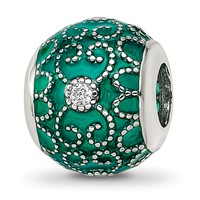 Sterling Silver Reflections Rh-plated CZs Green Enameled Bead view 1