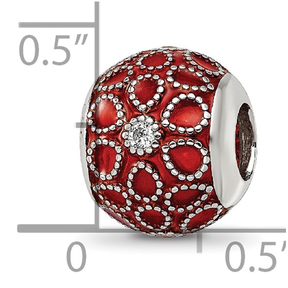 Sterling Silver Reflections Rh-plated CZs Orange Enameled Bead
