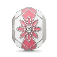 Sterling Silver Reflections Rh-plated CZ White & Pink Enamel Flowers Bead view 3
