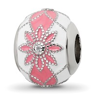 Sterling Silver Reflections Rh-plated CZ White & Pink Enamel Flowers Bead view 1