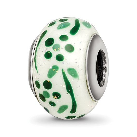 Sterling Silver Reflections Green Glitter Flower Italian Glass Bead