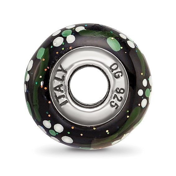 Sterling Silver Reflections White Flower Glitter Black Italian Glass Bead