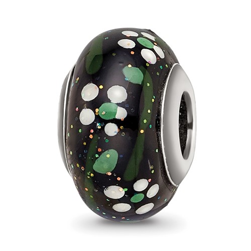 Sterling Silver Reflections White Flower Glitter Black Italian Glass Bead