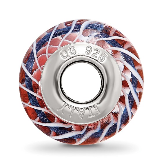 Sterling Silver Reflections Pink and White Weaved Glass w/Blue Stripe Bead