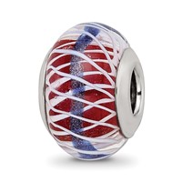 Sterling Silver Reflections Pink and White Weaved Glass with Blue Stripe Bead view 1