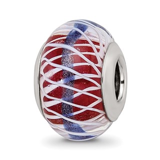 Sterling Silver Reflections Pink and White Weaved Glass w/Blue Stripe Bead