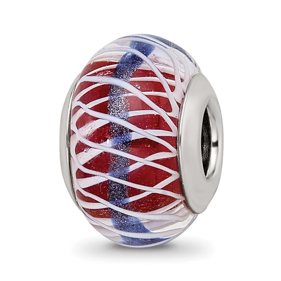 Sterling Silver Reflections Pink and White Weaved Glass w/Blue Stripe Bead