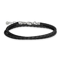 Sterling Silver Reflections Rhodium-plated Braided Black Leather Bracelet with 2 Inch Extension Choker Wrap, 14" view 5