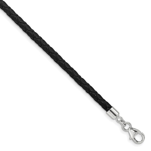 Sterling Silver Reflections Rhodium-plated Braided Black Leather Bracelet with 2 Inch Extension Choker Wrap, 14"