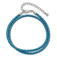 Sterling Silver Reflections Rhodium-plated Braided Blue Leather Bracelet with 2 Inch Extension Choker Wrap, 14" view 4