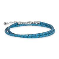 Sterling Silver Reflections Rhodium-plated Braided Blue Leather Bracelet with 2 Inch Extension Choker Wrap, 14" view 5